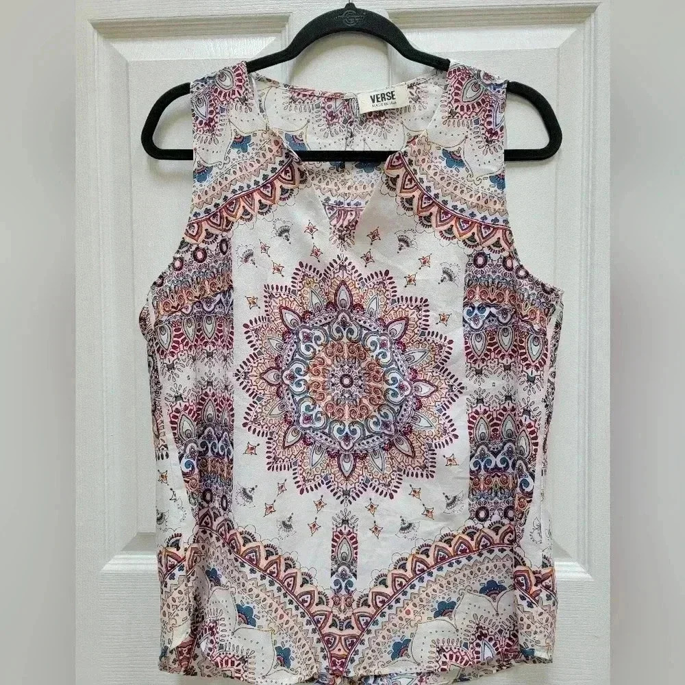 Verse Women's Multicolor Mandala Print Jory Split Neck Top Size Medium